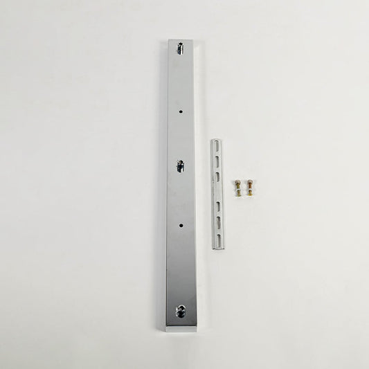 Silver metal picture light mounting bar with installation screws presented on white background for modern wall lighting fixtures.