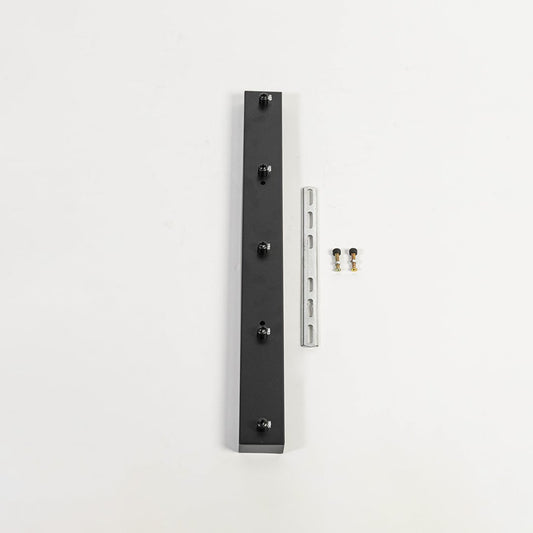 Black metal picture light mounting bar with screw fittings displayed on white background for secure wall light installation support.