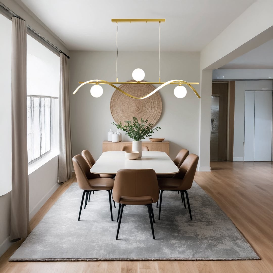 Modern gold metal wave chandelier with white globes styled in a warm living room setting for elegant ceiling lighting decor.