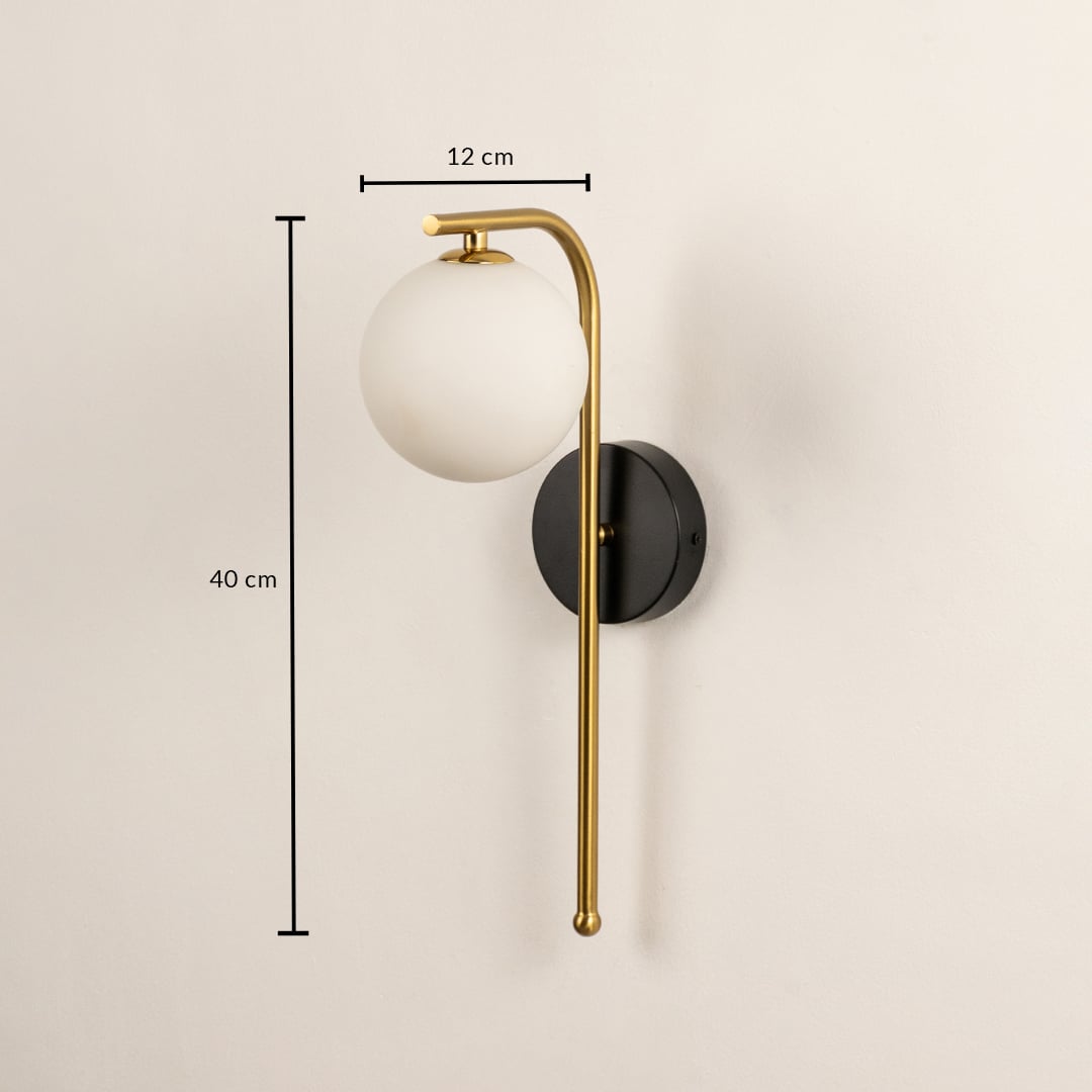 A gold and black wall sconce with a frosted globe shade shown with clear dimensions displaying a height of 40 cm and a width of 12 cm for accurate placement.