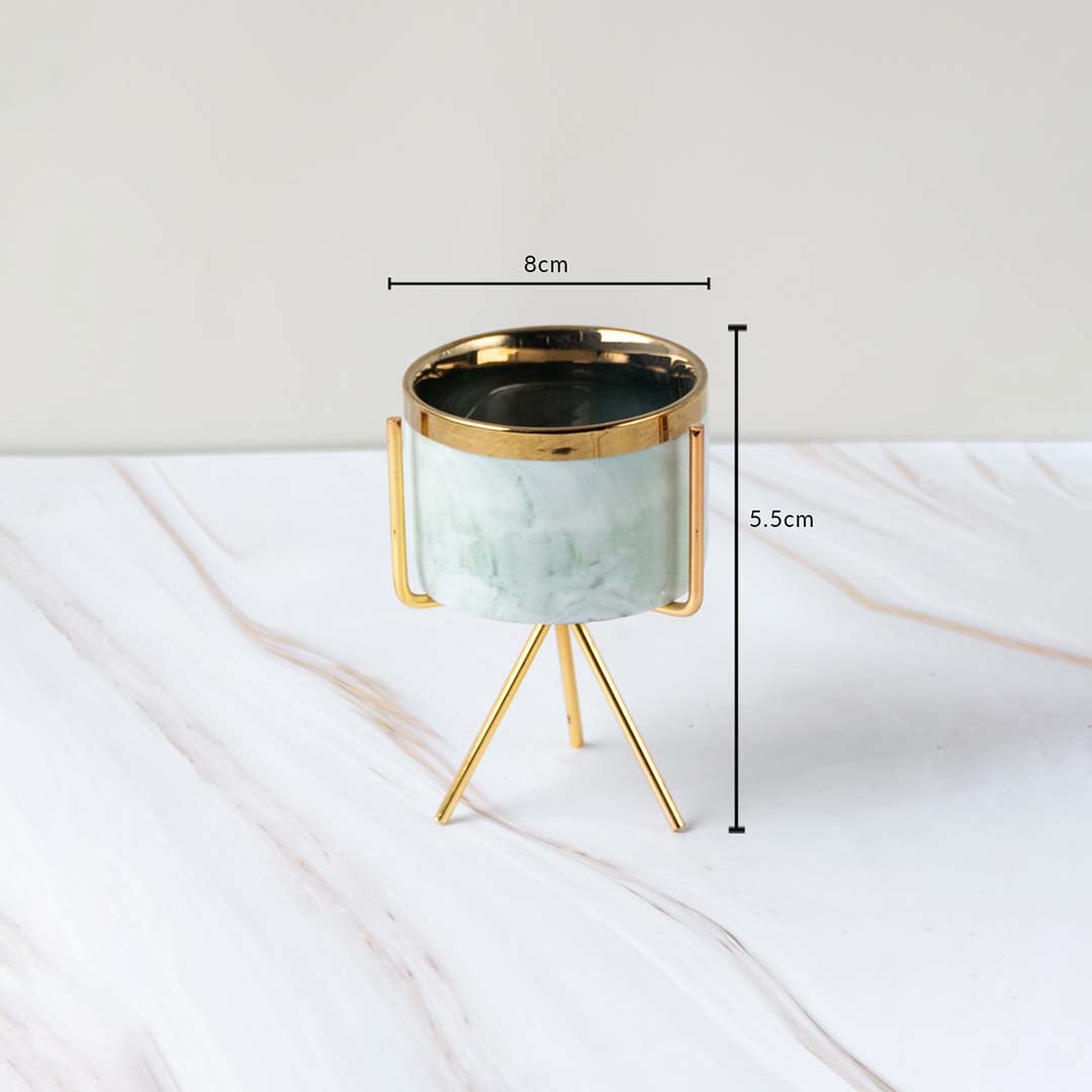 Mini marble planter on gold tripod stand showing dimensions 8 cm width and 5.5 cm height displayed on a clean white marble background.