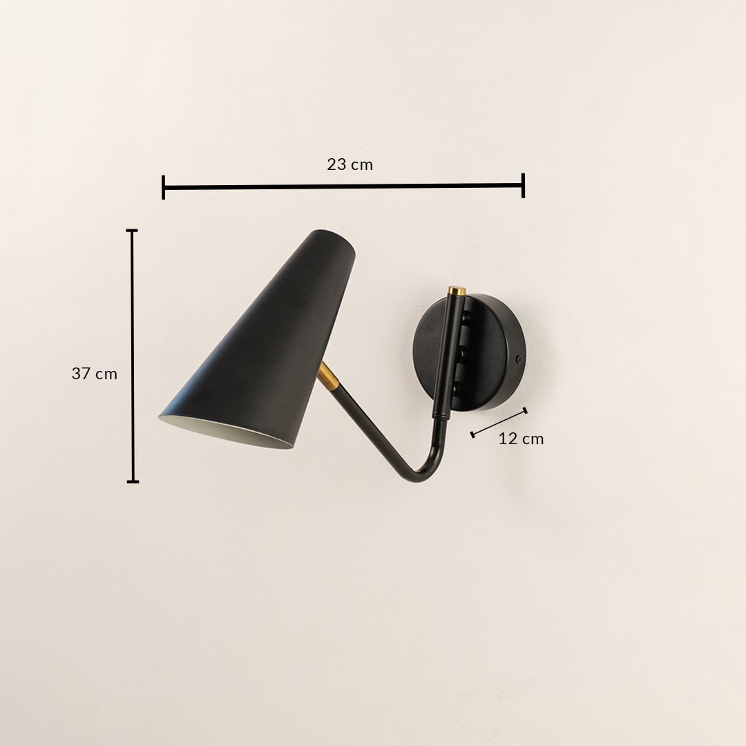 Black cone wall light with brass arm shown with measurements 37 cm height and 23 cm width highlighting modern sleek design.