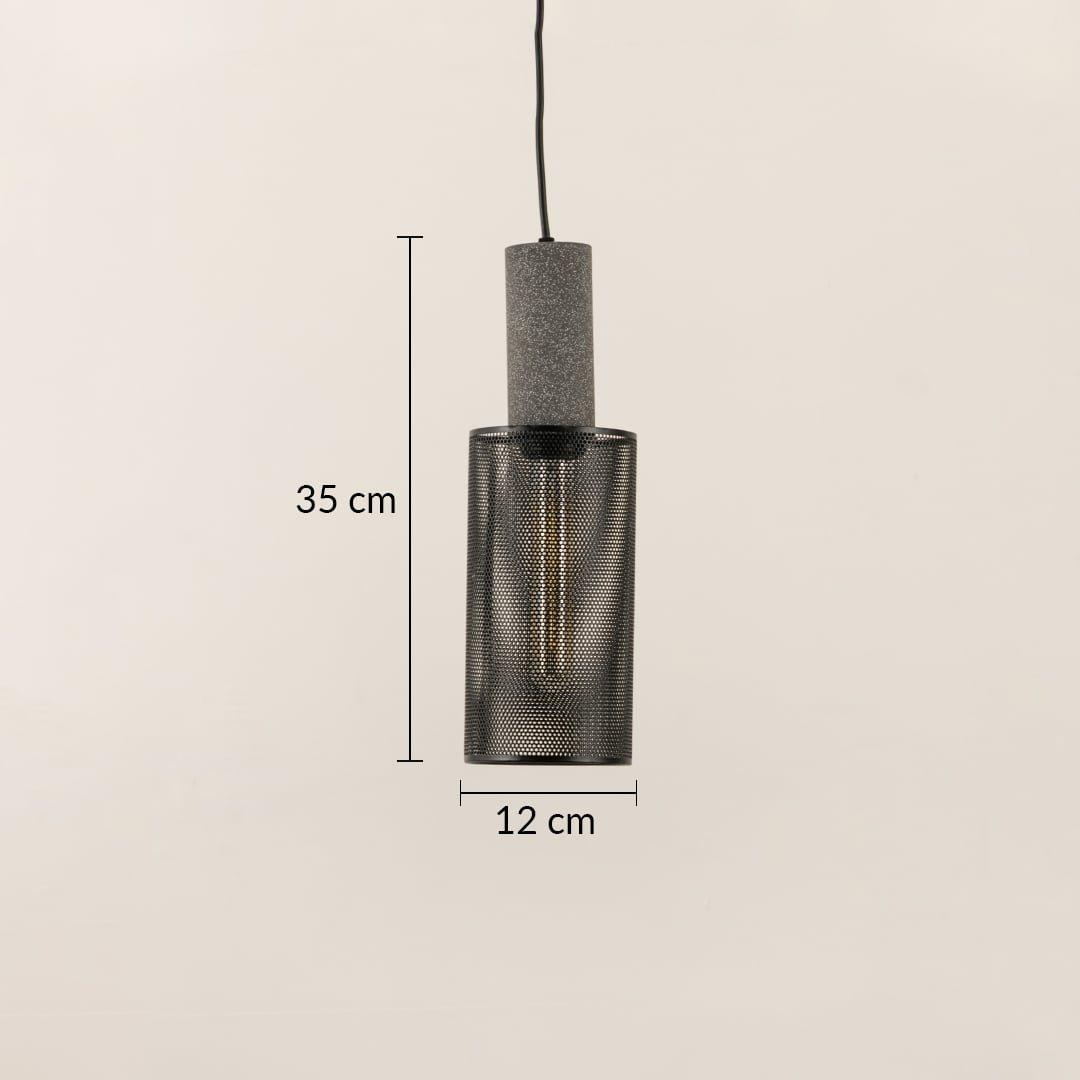 Arlo Mesh pendant light with 35 cm height and 12 cm diameter featuring cylindrical perforated metal shade.