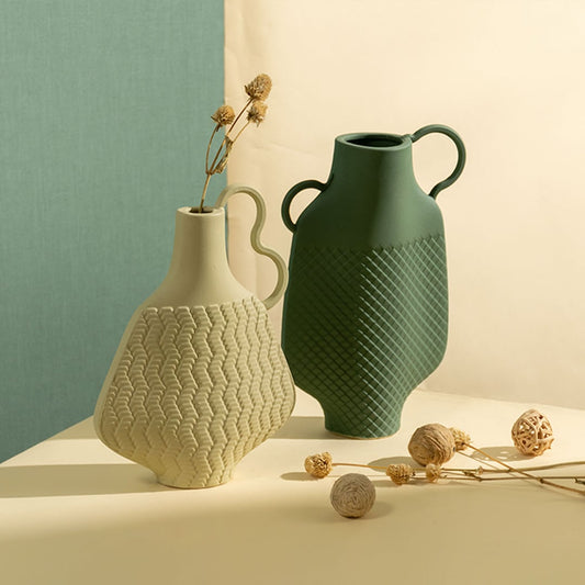 Haven ceramic vase placed in a serene setting with neutral tones and dried flowers enhancing earthy modern interior decor.