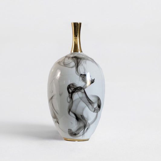 White ceramic decorative vase with grey marble pattern and gold neck for elegant tabletop styling and home decor.