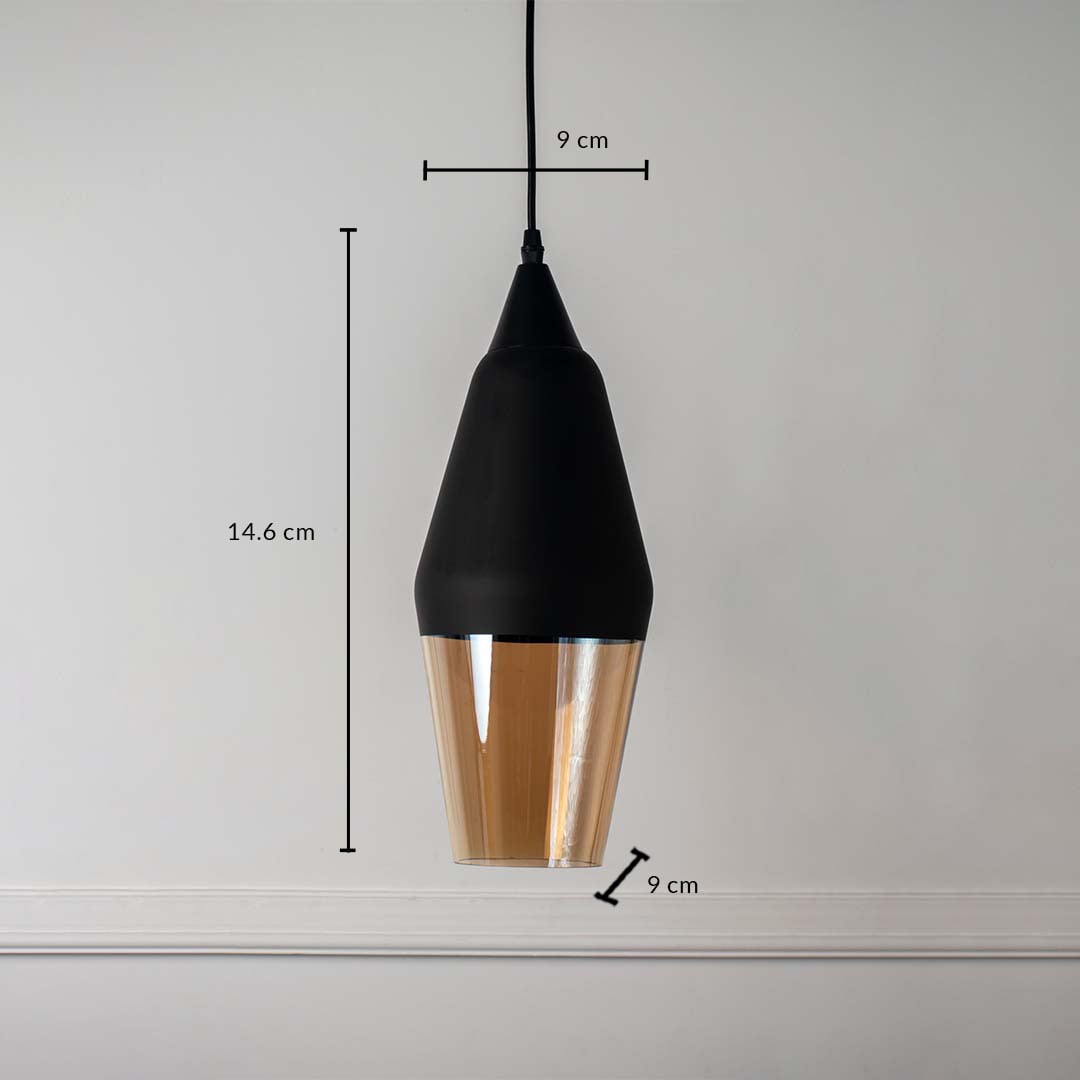 Dimension image of black metal and amber glass pendant light with tapered design showing 14.6 cm height and 9 cm width.