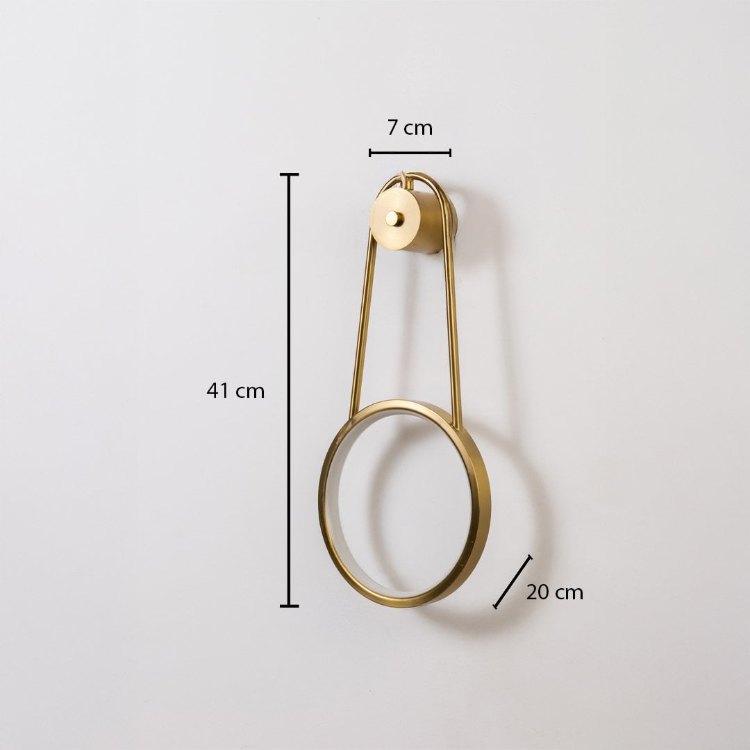 Gold ring wall light shown with 41 cm height 7 cm top width and 20 cm depth for accurate placement.