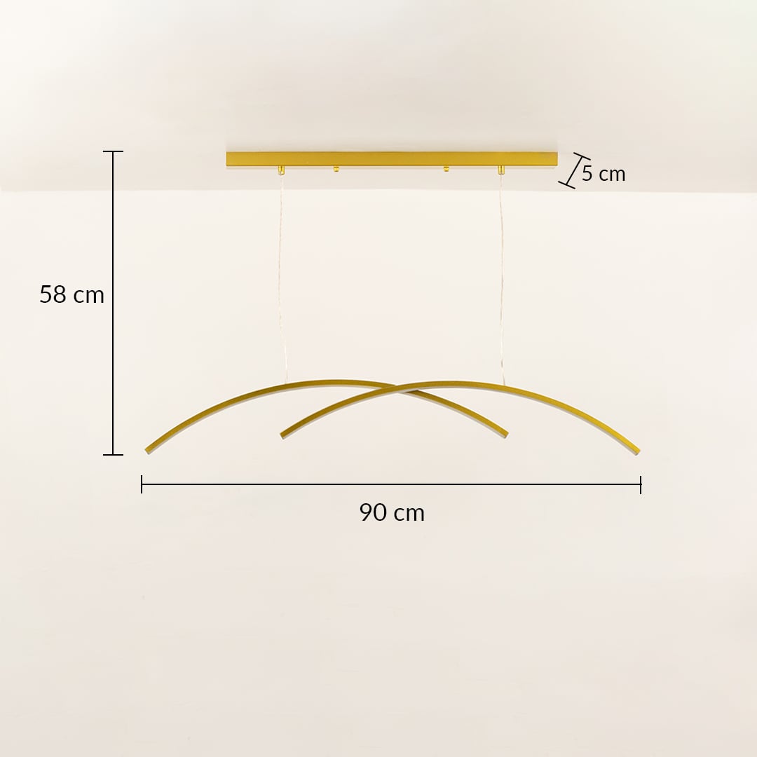 A gold curved ceiling light with twin arc design shown with 58 cm height and 90 cm width ideal for elegant LED chandelier lighting and refined interior décor.