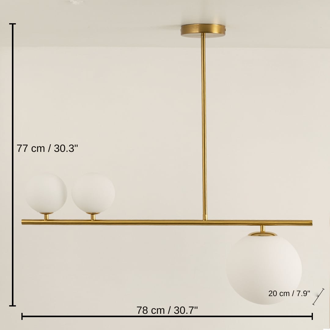 Gold metal chandelier with frosted glass globe shades, 77 x 78 x 20 cm (30.3 x 30.7 x 7.9 inches) dimensions