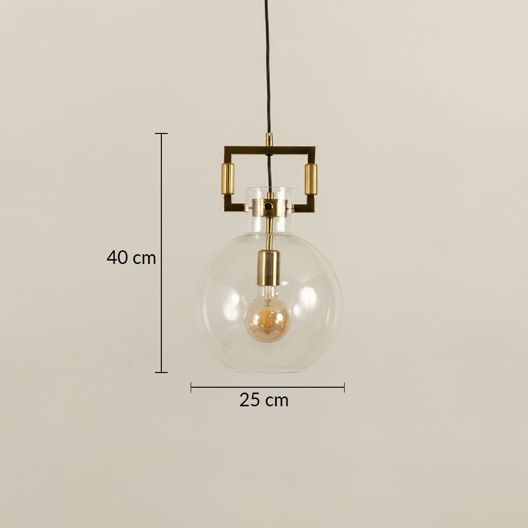 Glass globe pendant light with gold accents displayed with height 40 cm and width 25 cm offering clear size reference for interior planning.