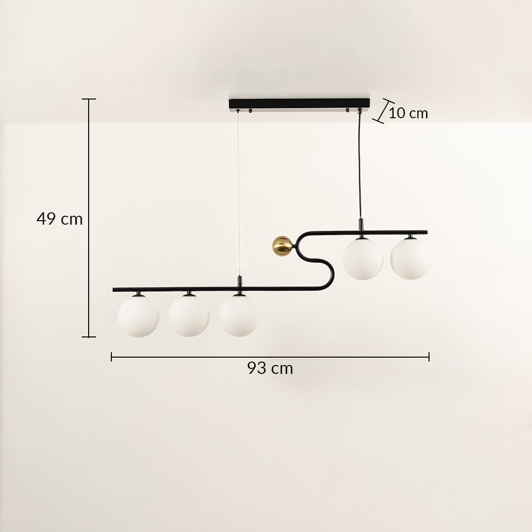 A sculptural black linear chandelier with four glowing white globes measuring 49 cm height and 93 cm width displayed on a clean white backdrop adding stylish warm décor.