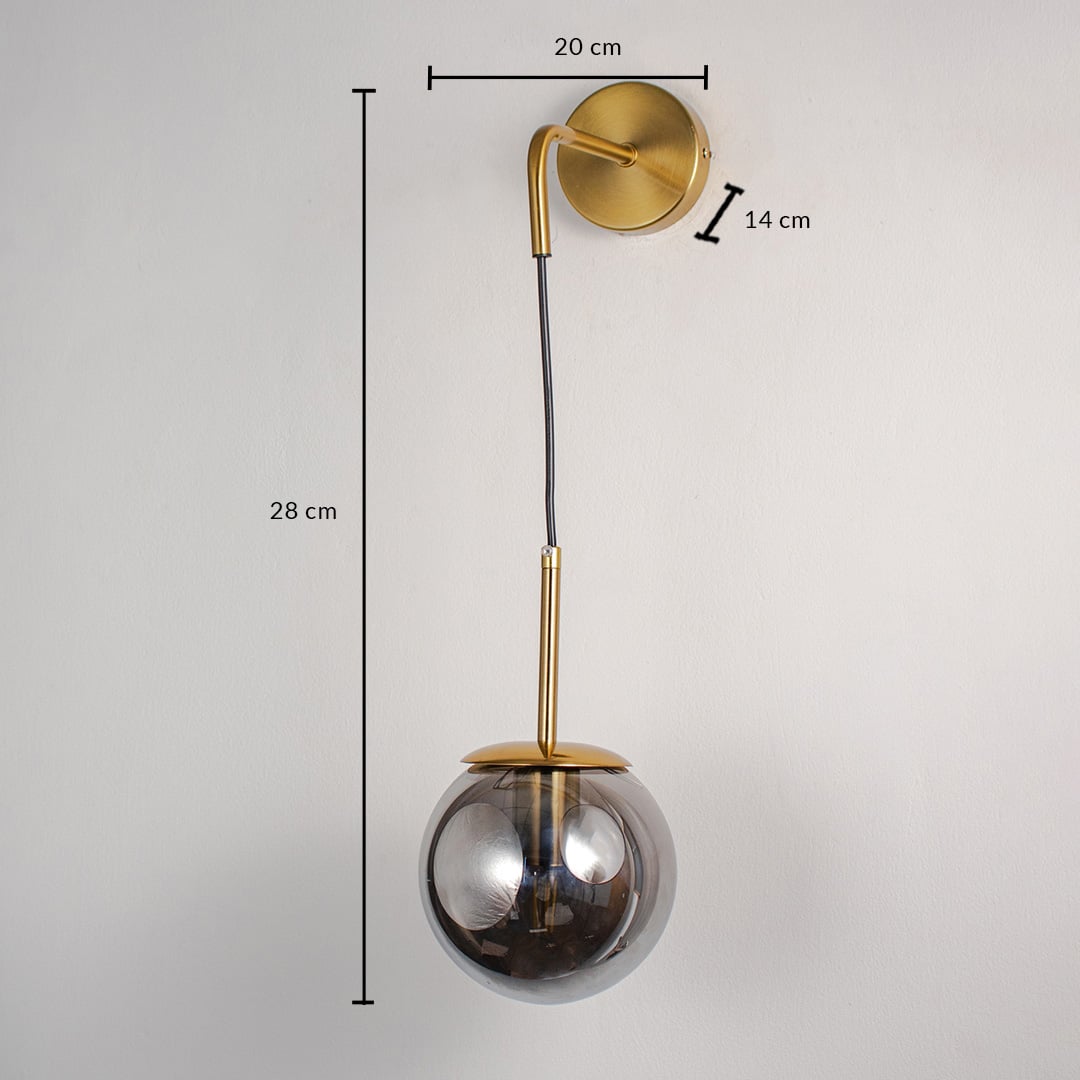 Smoked glass globe wall lamp with gold base dimension 28 cm height 20 cm width 14 cm depth for modern bedroom and hallway decor.