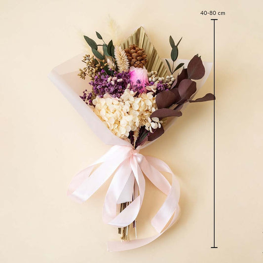 Preserved bouquet size reference 40–80 cm showing scale and fullness for gifting weddings and luxury floral decoration.
