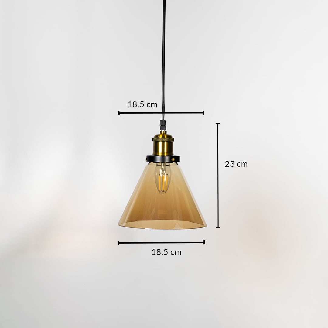 Amber glass pendant light with gold metal holder hanging from ceiling showing 18.5 cm width and 23 cm height dimensions shown.