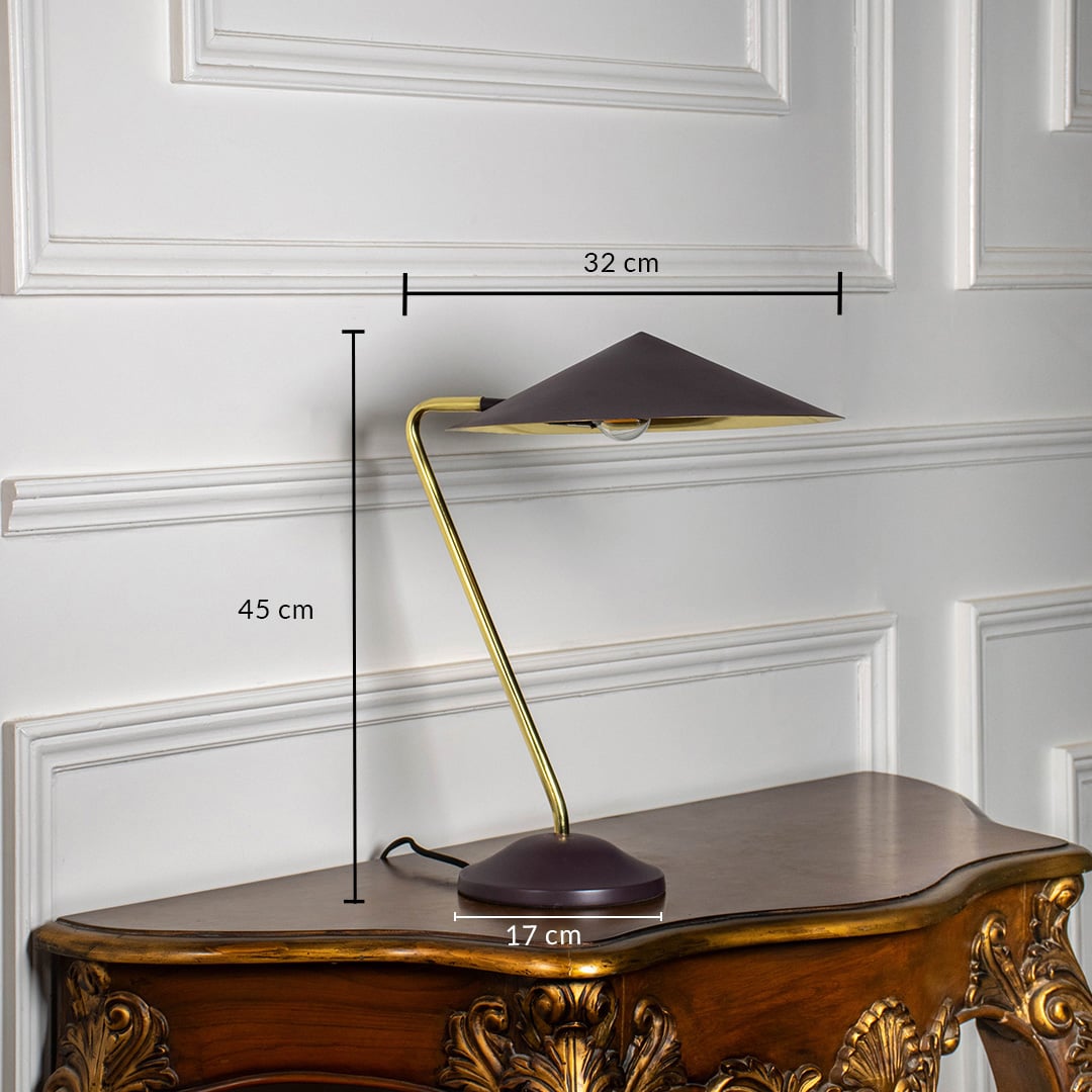 Gold metal table lamp with dark brown shade measuring 45 cm height and 32 cm width ideal for living room or study decor.