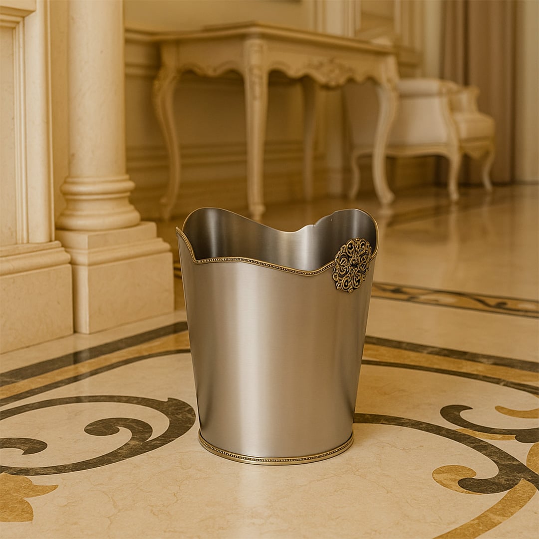 A premium silver dustbin with ornate detailing placed on a marble floor in a luxurious hallway enhancing the sophisticated look of the interior space.