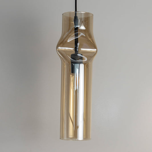 Chrome pendant light unlit softly against white background emphasizing its polished reflective metal surface.