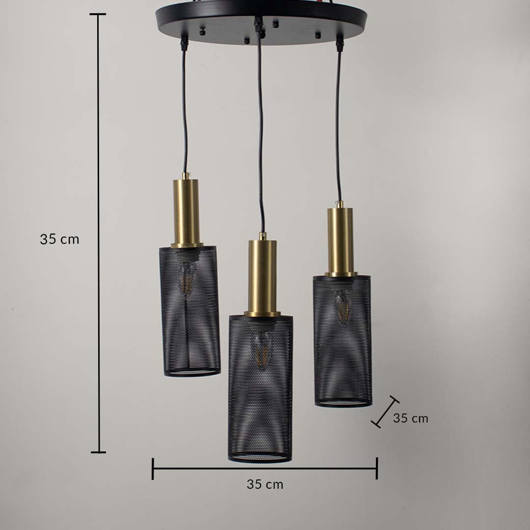 Triple mesh pendant light measuring 35 cm in height 35 cm in width and each shade 35 cm long displayed clearly with labelled dimensions.