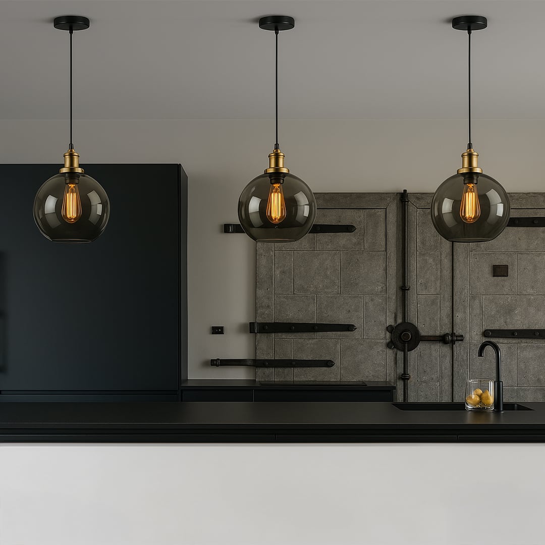 Elegant glass globe pendant light illuminating a modern kitchen island with warm ambient lighting for home decor.