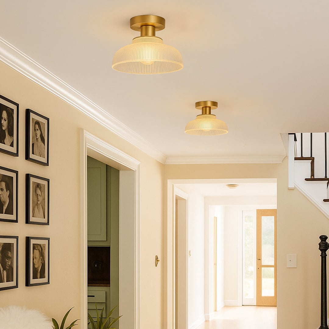 Modern ribbed glass ceiling lights in elegant hallway setting for classic home decor and ambient lighting spaces.