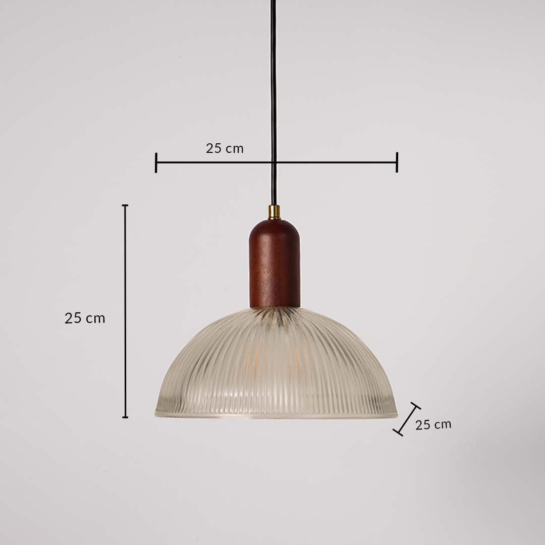 Clear ribbed glass pendant light dimension image with 25 cm width and 25 cm height for modern dining placement.