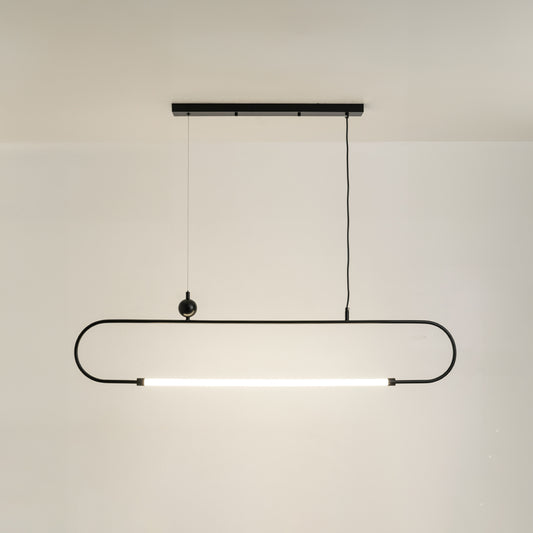 Black metal linear LED pendant light with integrated light bar offering sleek contemporary ceiling lighting design.