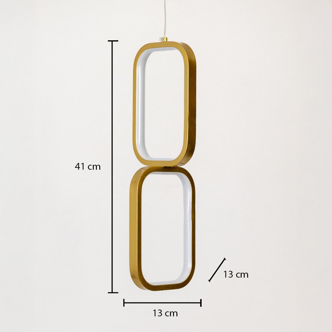Gold and white metal dual frame hanging light shown with 41 cm height 13 cm width and 13 cm depth for accurate placement.