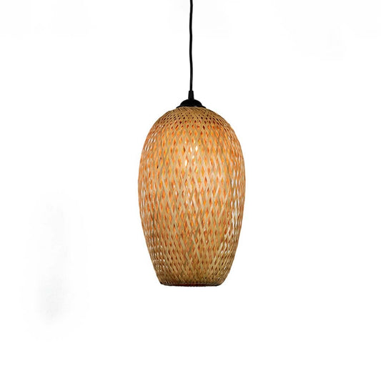 Bamboo pendant light glowing on white background with handwoven tall oval wicker shade for rustic home interiors.