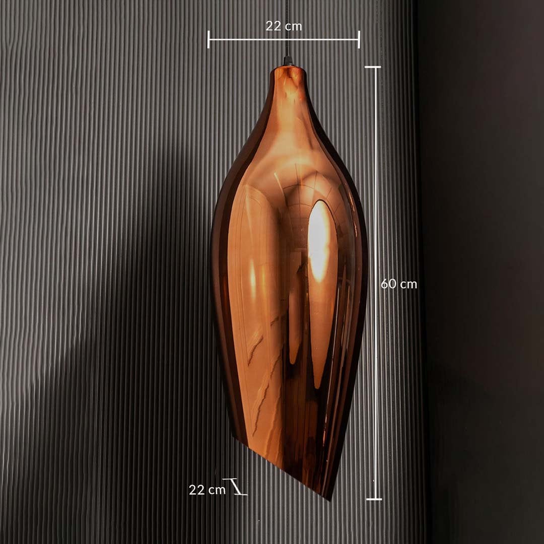 A bronze glass pendant light shown with 22 cm width 22 cm depth and 60 cm height measurements highlighting its tall elegant sculptural design.