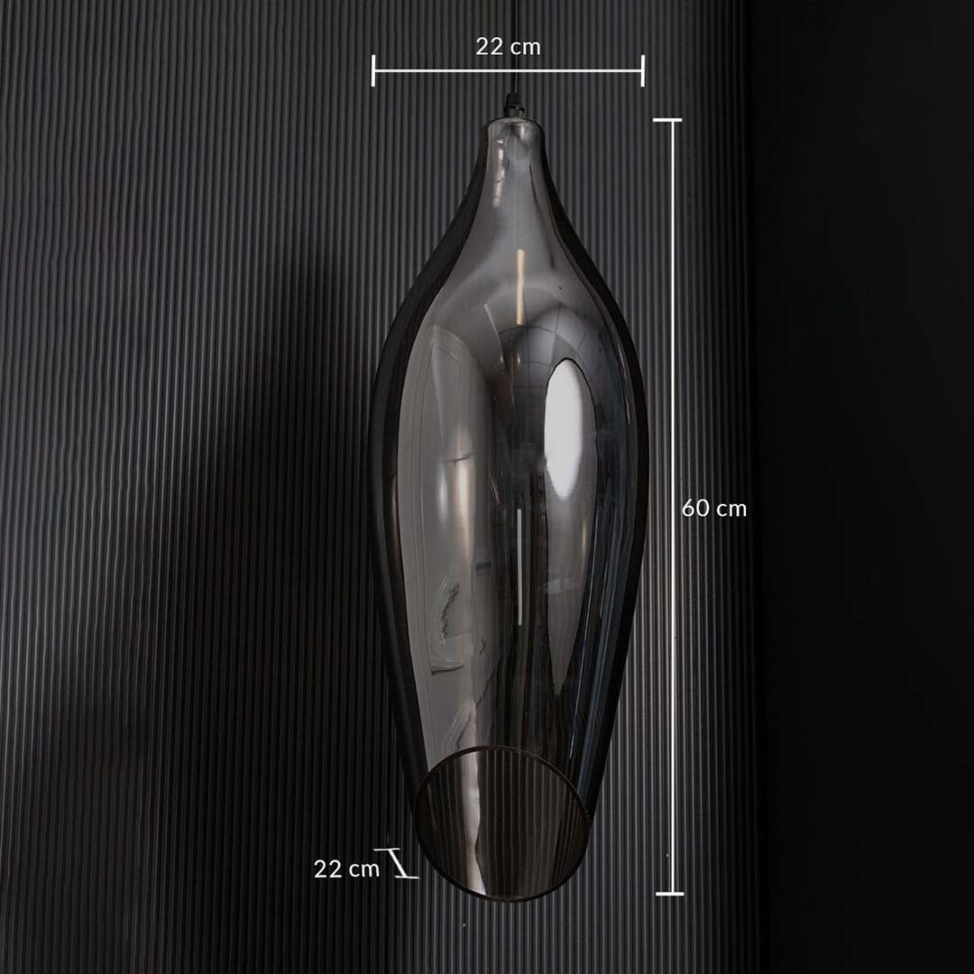 A smoked black glass pendant light shown with 22 cm width 22 cm depth and 60 cm height measurements highlighting its tall sculptural design.