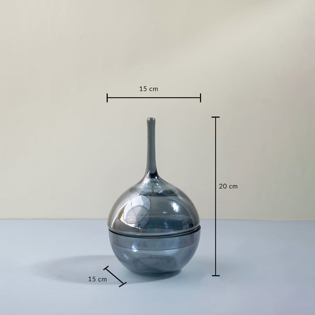 Glossy grey glass jar with tall lid shown with 20 cm height and 15 cm width measurements for stylish home decor.