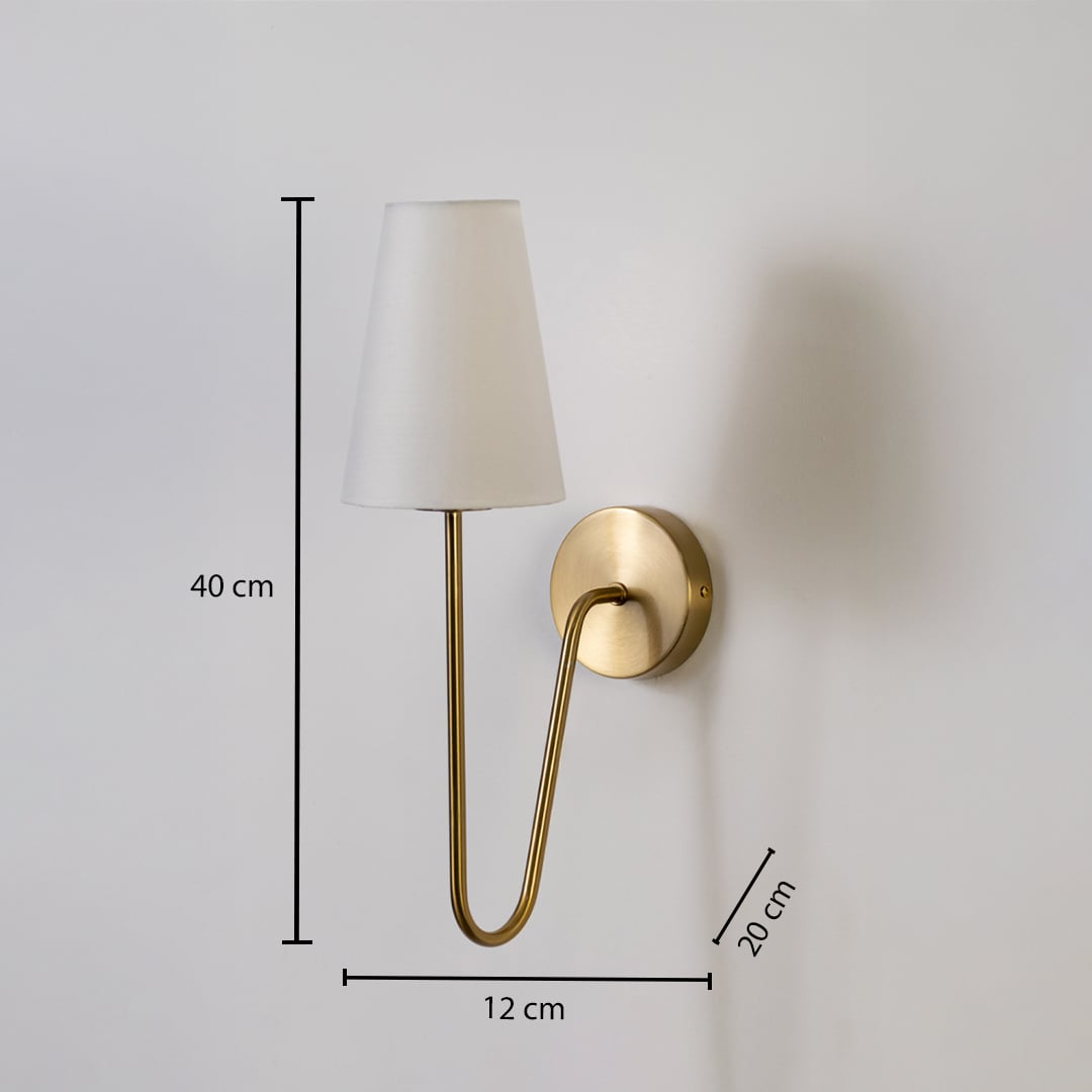Gold wall light with white shade shown with 40 cm height 12 cm width and 20 cm depth for accurate sizing.