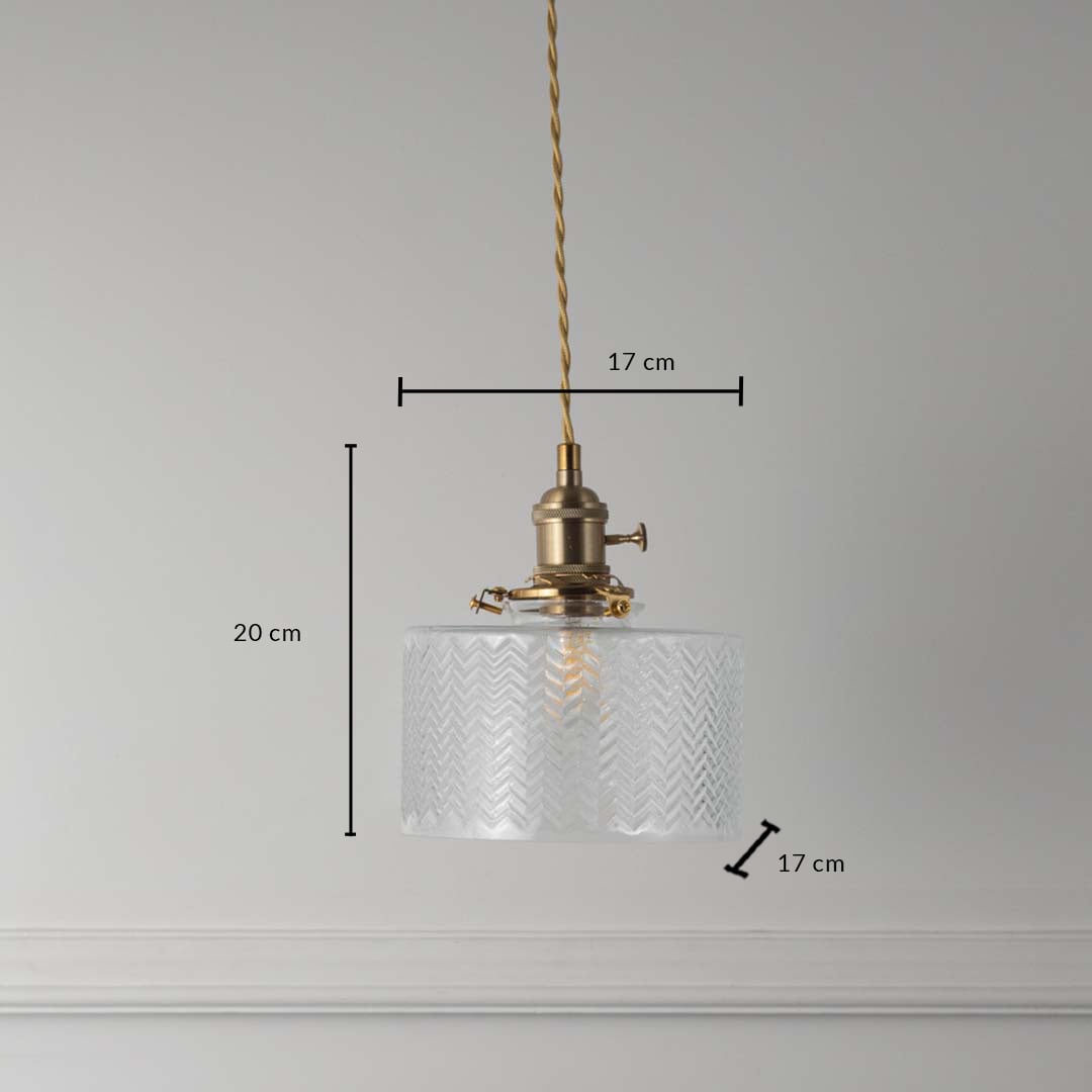 Clear textured glass and brass pendant light dimension image with 17 cm width and 20 cm height for luxury bedside placement.