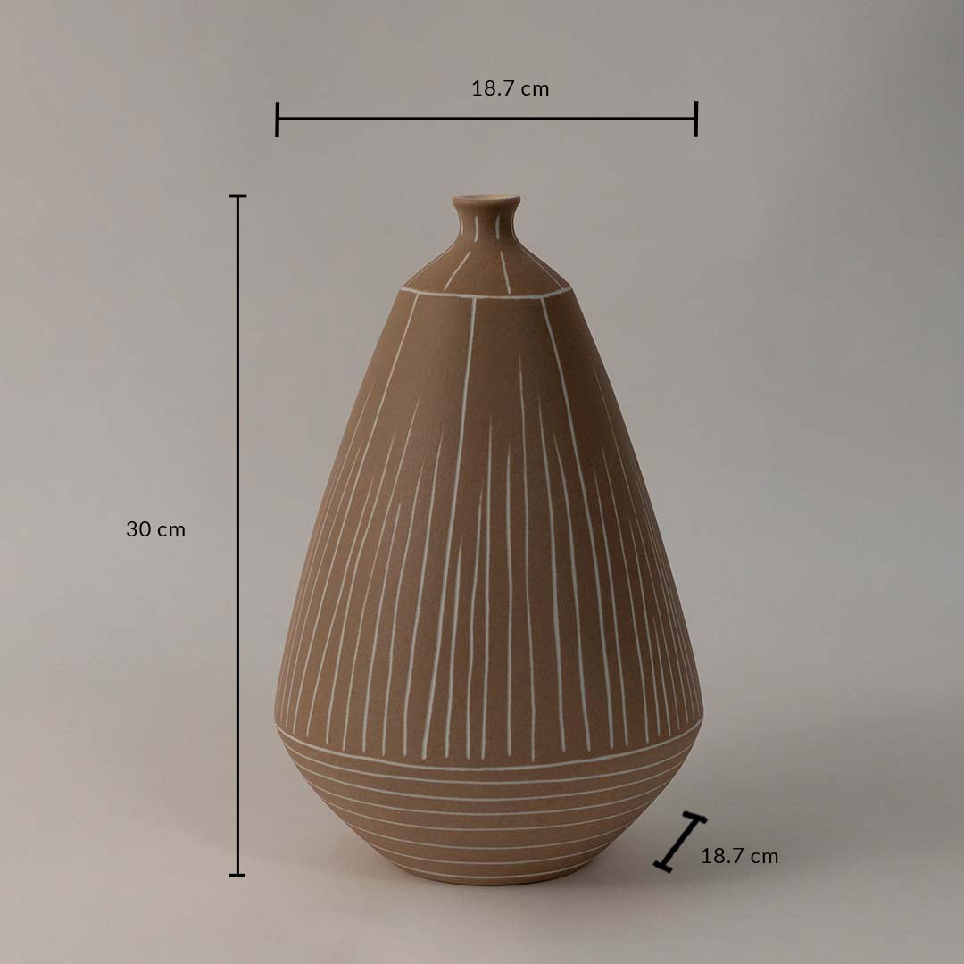 Brown ceramic vase with white striped design shown with 30 cm height and 18.7 cm diameter perfect for stylish home interior.