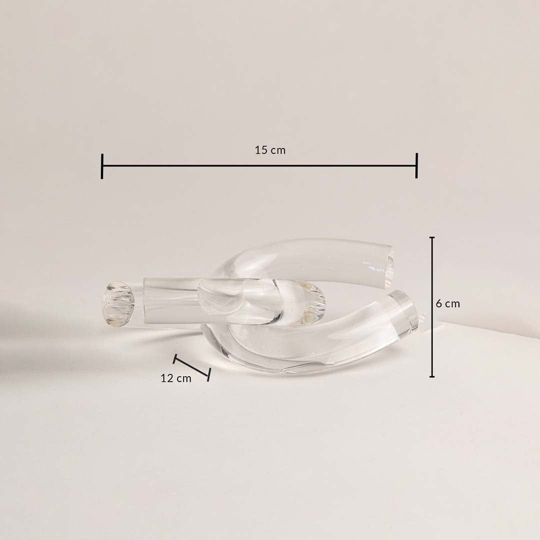 Glass knot decor dimensions shown as 15 cm length 12 cm width 6 cm height for perfect tabletop or shelf decoration.