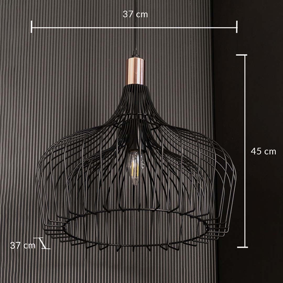 Black wire pendant lamp shown on black background with measurements of 37 cm width 45 cm height and 37 cm depth for accurate size reference.