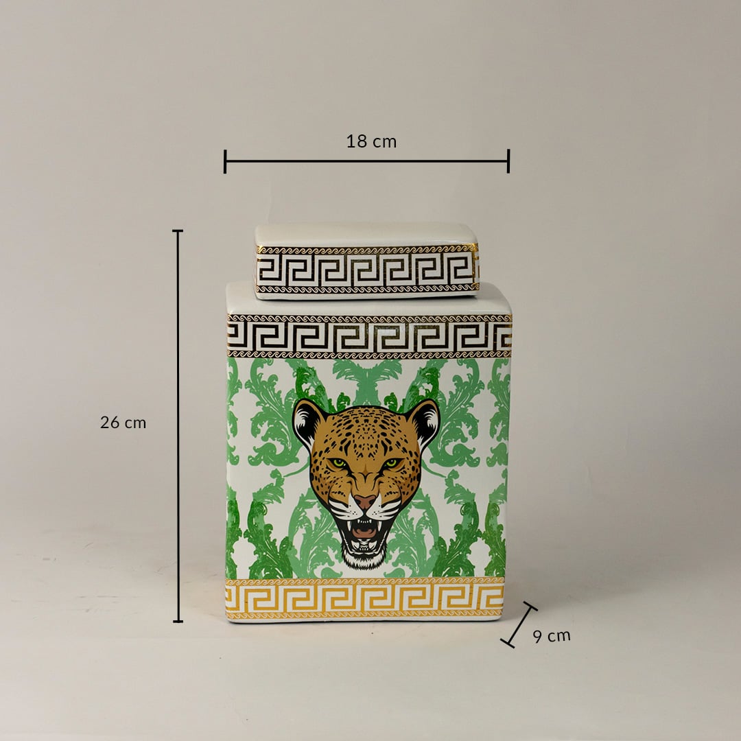 White ceramic jar measuring 26 cm in height and 18 cm in width featuring a hand-painted leopard design.