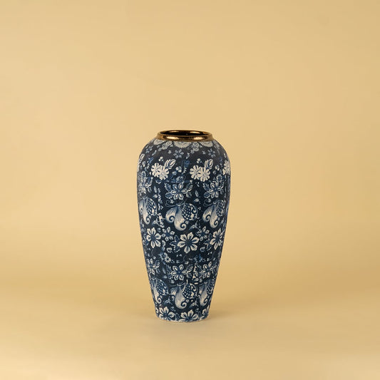 Blue floral ceramic vase with golden rim ideal for enhancing home interiors and modern decorative accents.