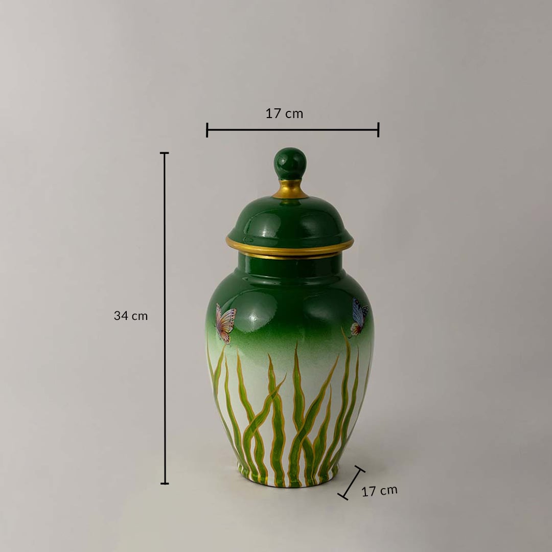 Decorative ceramic jar with green gradient butterfly pattern and gold rim shown with 34 cm height and 17 cm width.