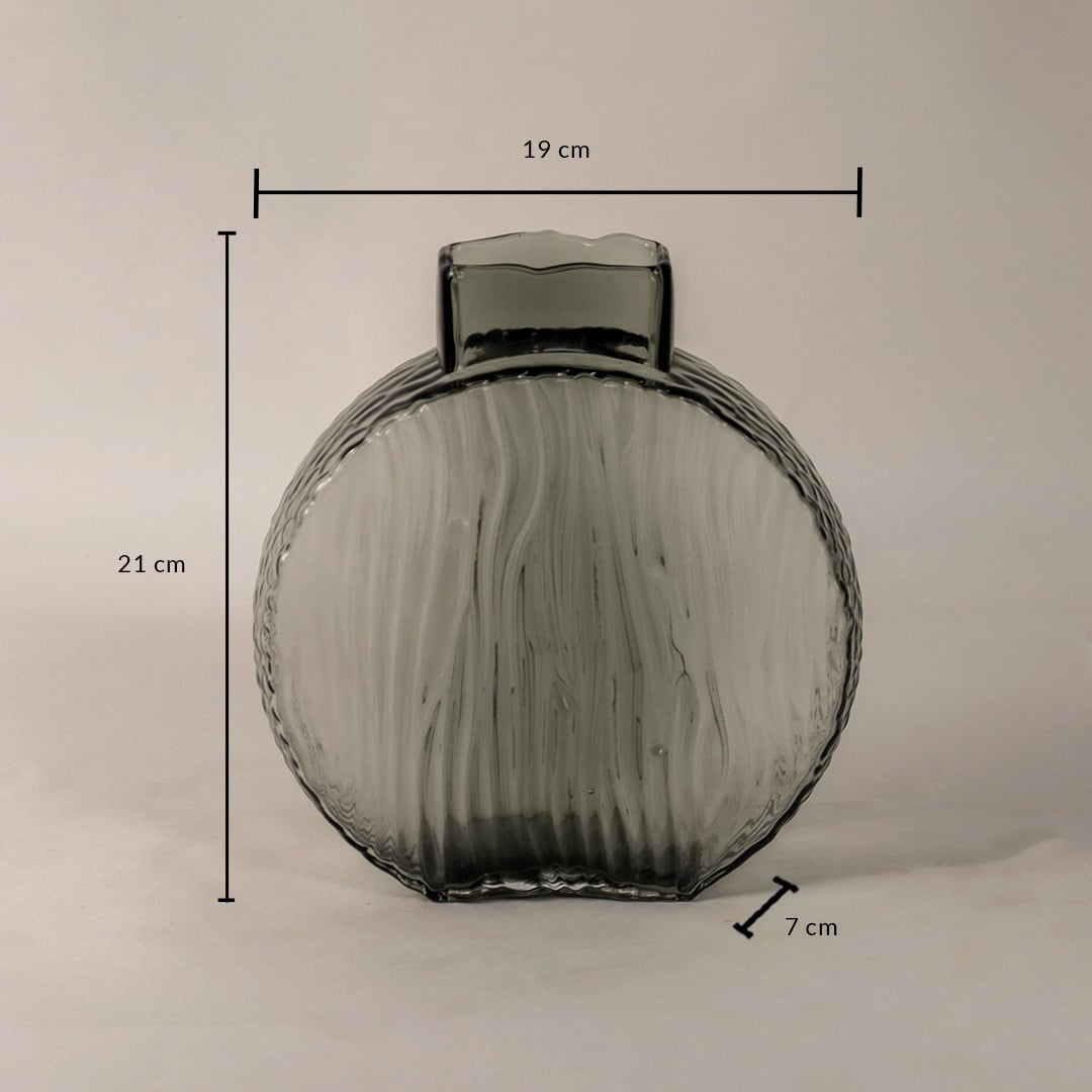 Smoky gray round glass vase measuring 21 cm tall 19 cm wide and 7 cm deep displayed with visible dimensions.