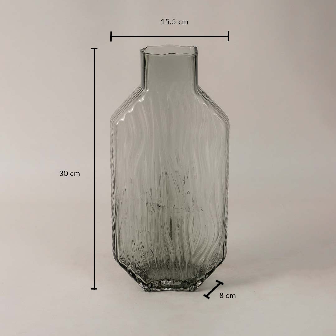 Smoky gray glass vase measuring 30 cm tall 15.5 cm wide and 8 cm deep displayed with marked dimensions.