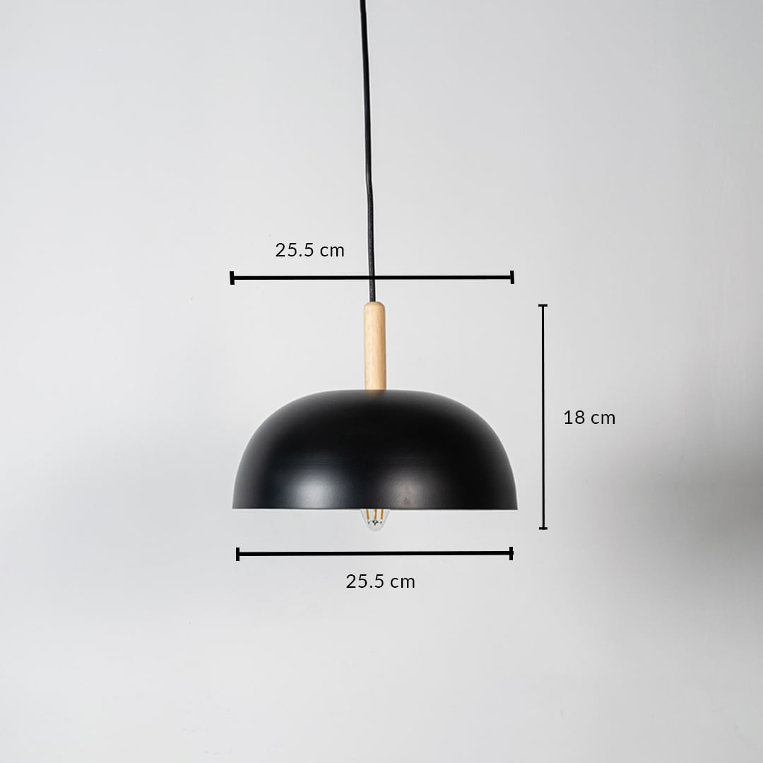 Black dome pendant light with wooden accent shown with size 25.5cm width and 18cm height on white background for product details.