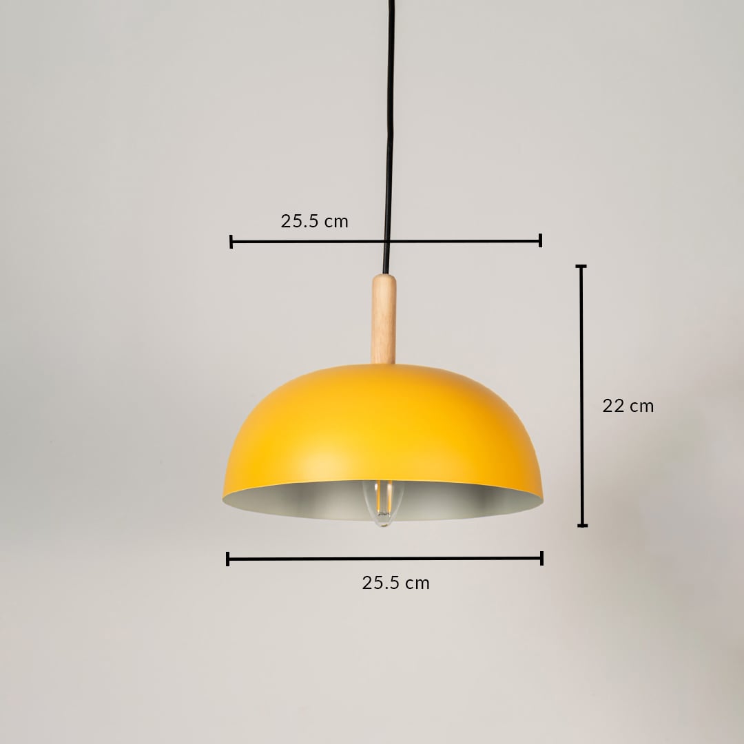 Yellow dome pendant light dimensions measuring 25.5 cm in width and 22 cm in height creating a stylish ceiling lamp with wooden top.