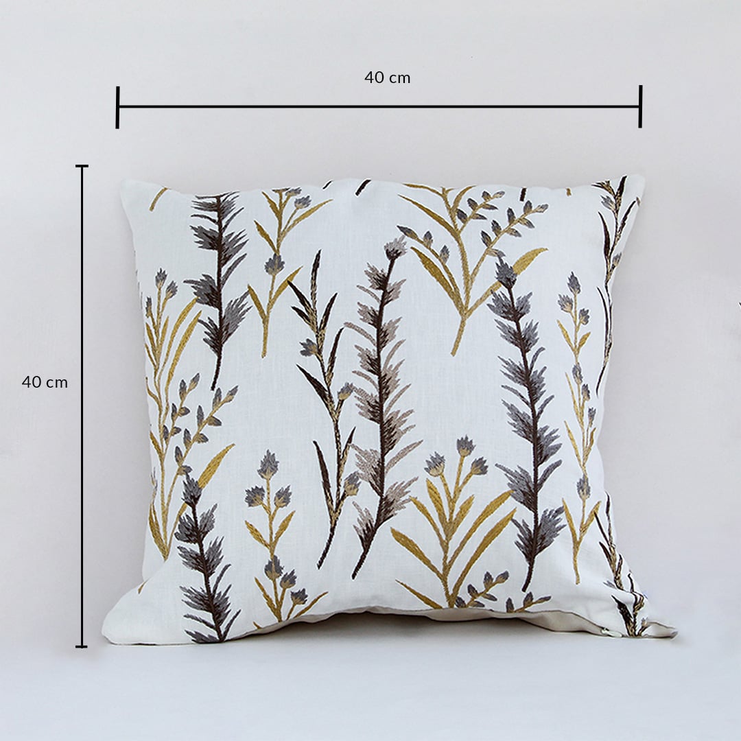 Cotton cushion with yellow and grey embroidered botanical design measured at 40 cm by 40 cm displayed on a white background showing its square decorative shape.