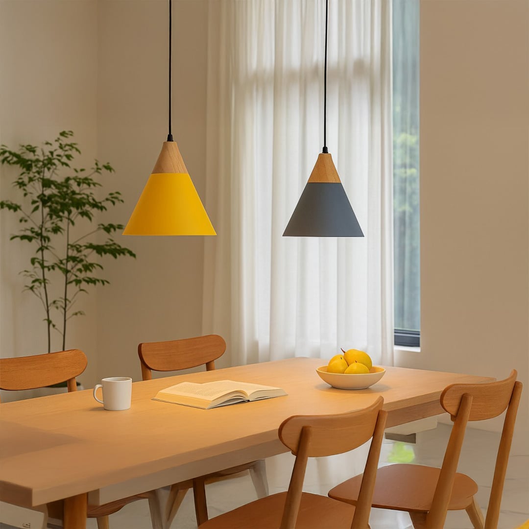 Blue pendant light with wooden detail styled in cozy interior space for dining room living room and office lighting.