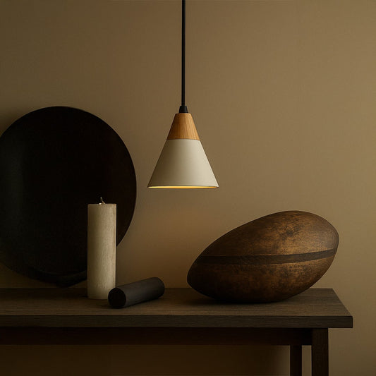 White pendant light with wooden top and conical shade styled in modern interior for dining and living room lighting.