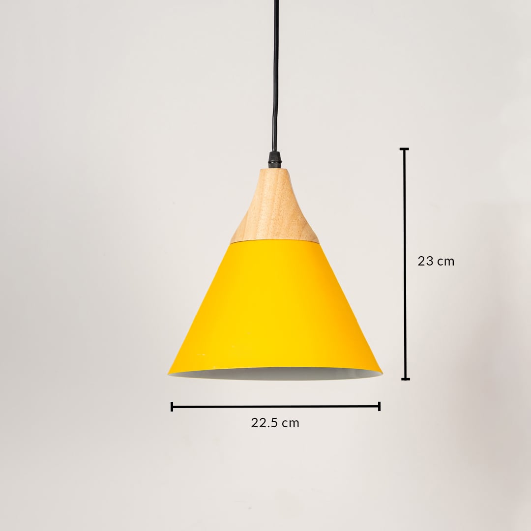 Yellow metal cone pendant lamp displaying 27 cm height and 25 cm width dimensions ideal for bright contemporary ceiling decor.