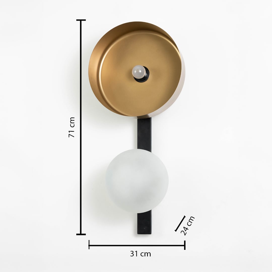 Wall lamp with 71 cm height and 31 cm width features gold top shade and frosted globe on matte black frame.