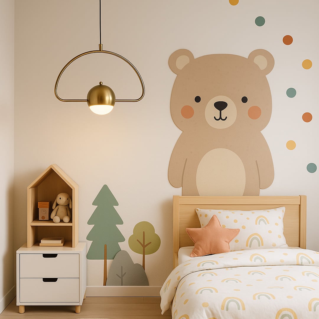 White glass pendant light with gold arch illuminating kids bedroom decor with playful elegance.