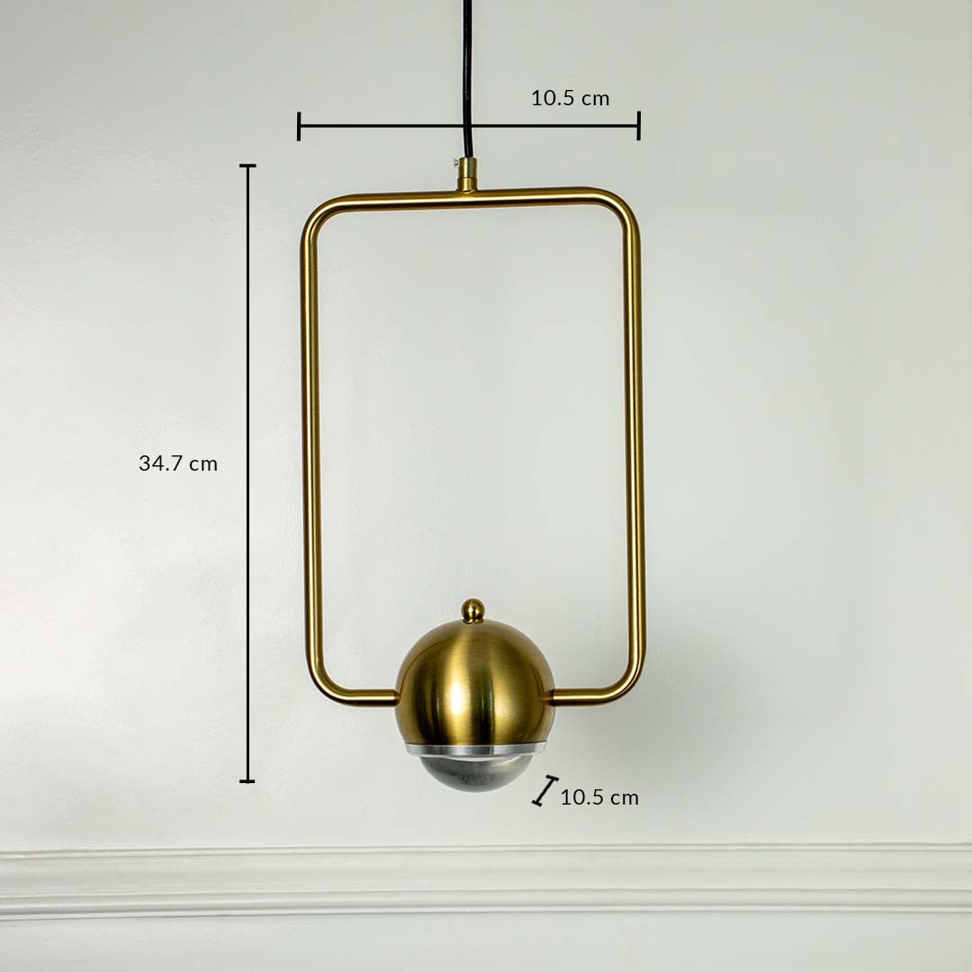Dimension image of brushed gold metal pendant light with rectangular frame showing 34.7 cm height and 10.5 cm width.